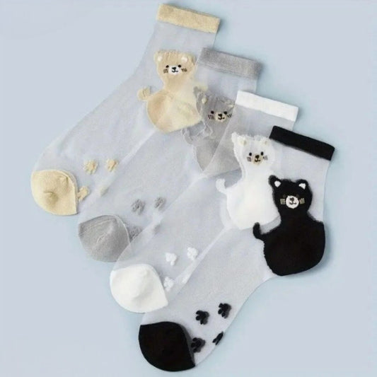 Kadın 4 Çift Premium Kalite Sevimli Kedi Desenli Tül Çorap Karışık Renkli