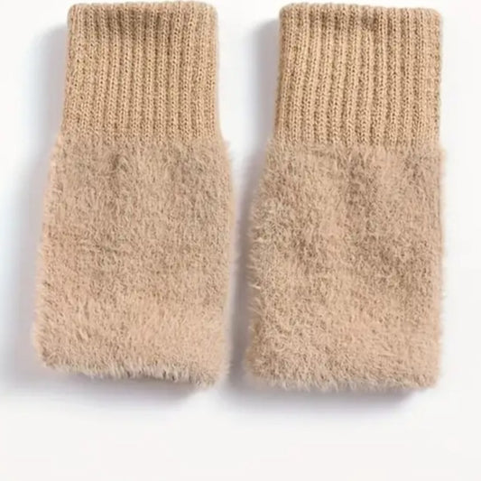 Kadın 1 Çift Kışlık Parmaksız Termal Esnek Polarlı Peluş Eldiven Açık Kahve