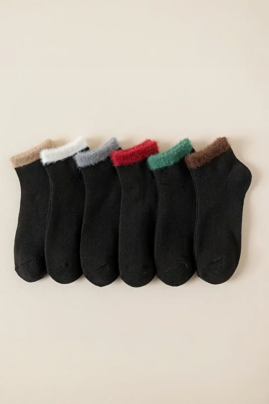 Kadın 6 Çift Renkli Peluş Kenarlı Sıcak Tutan Rahat Günlük Havlu Termal Patik Çok Renkli