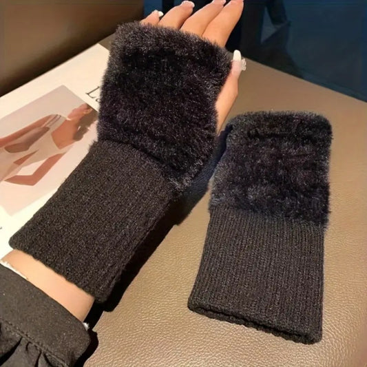 Kadın 1 Çift Kışlık Parmaksız Termal Esnek Polarlı Peluş Eldiven Siyah