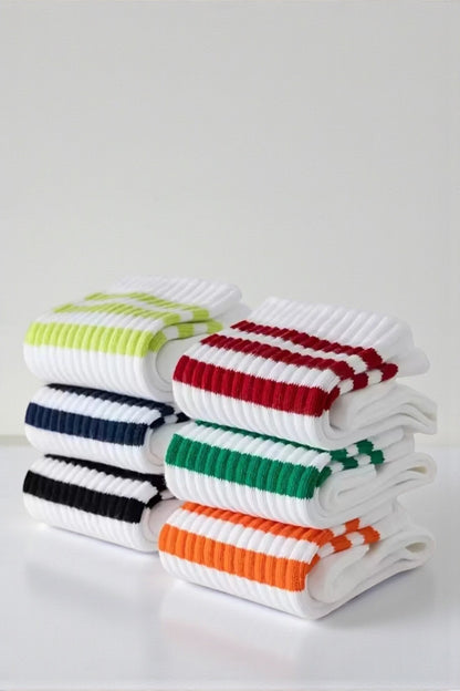 Unisex 6 Çift Renkli Çizgi Detaylı Premium Kalite Nefes Alabilen Tüm Mevsime Uygun Günlük Kolej Çorap Çok Renkli