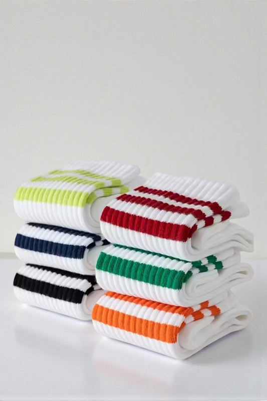 Unisex 6 Çift Renkli Çizgi Detaylı Premium Kalite Nefes Alabilen Tüm Mevsime Uygun Günlük Kolej Çorap Çok Renkli