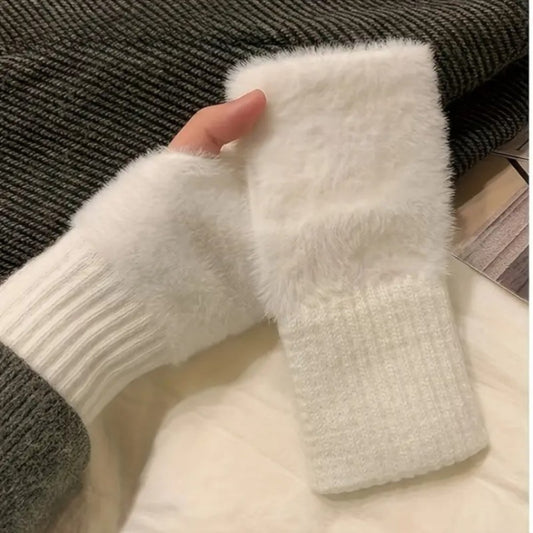 Kadın 1 Çift Kışlık Parmaksız Termal Esnek Polarlı Peluş Eldiven Beyaz