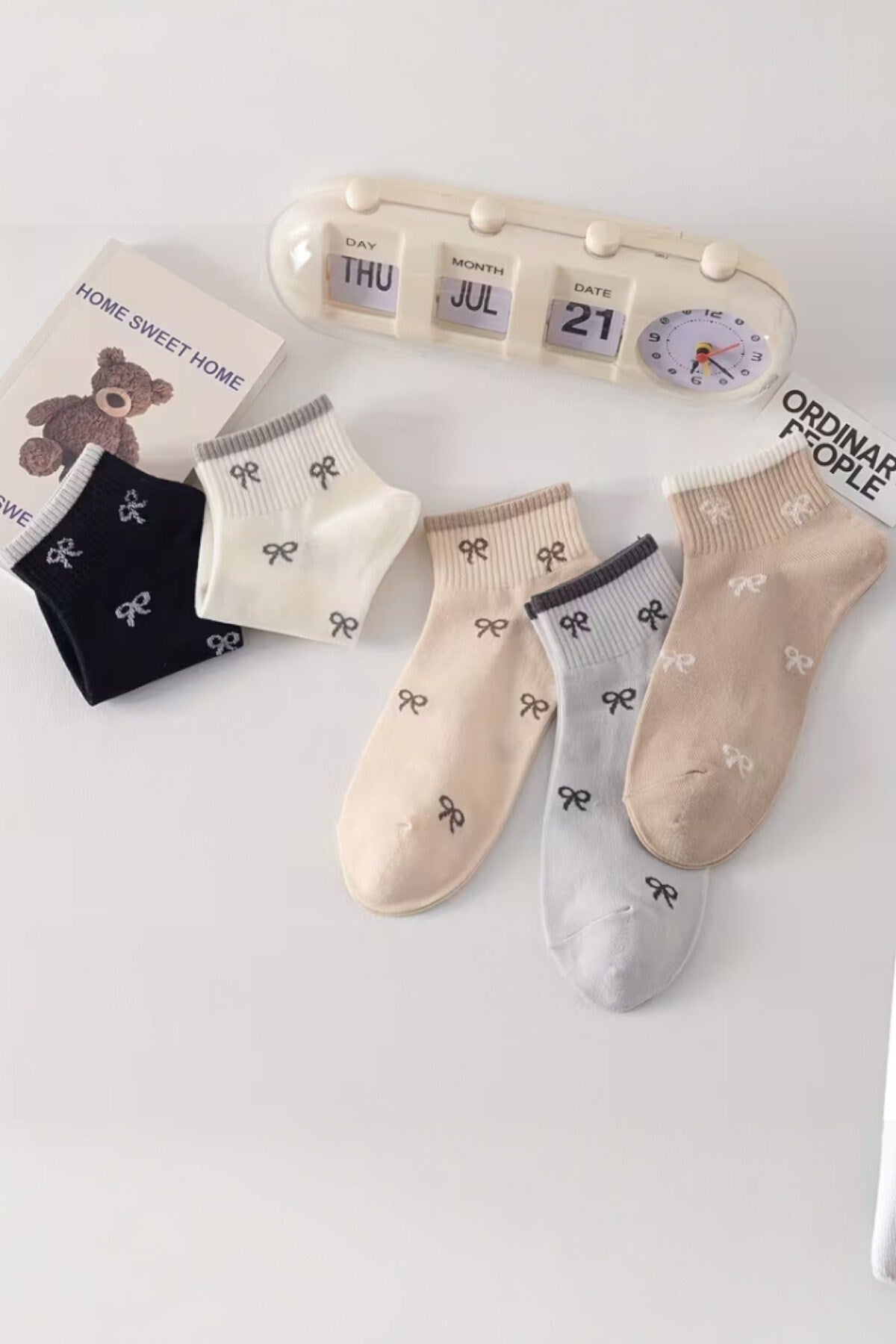 Kadın 5 Çift Premium Kalite Mini Kurdale Desenli Sevimli Kısa Kolej Ayak Bileği Çorabı