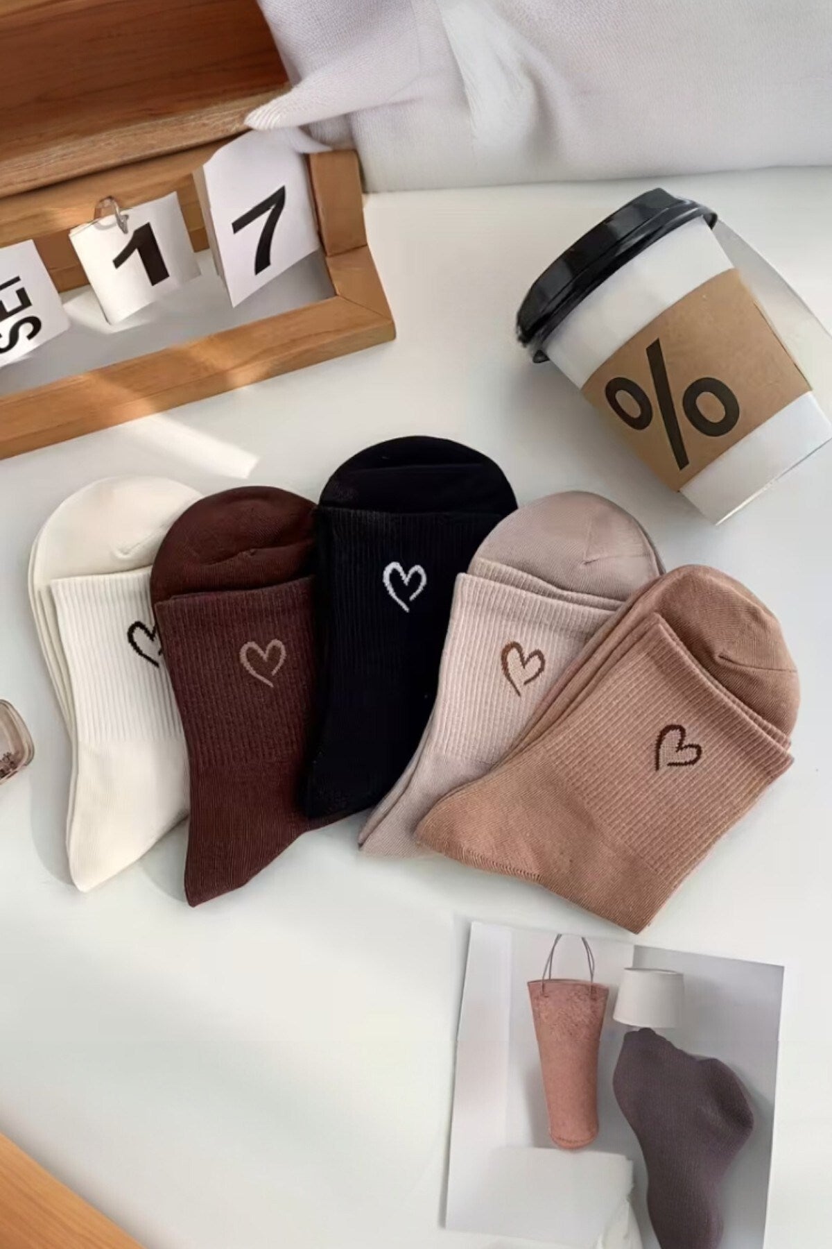 Kadın 5 Çift Premium Kalite Mini Kalp Desenli Günlük Kullanım Sevimli Kolej Çorabı