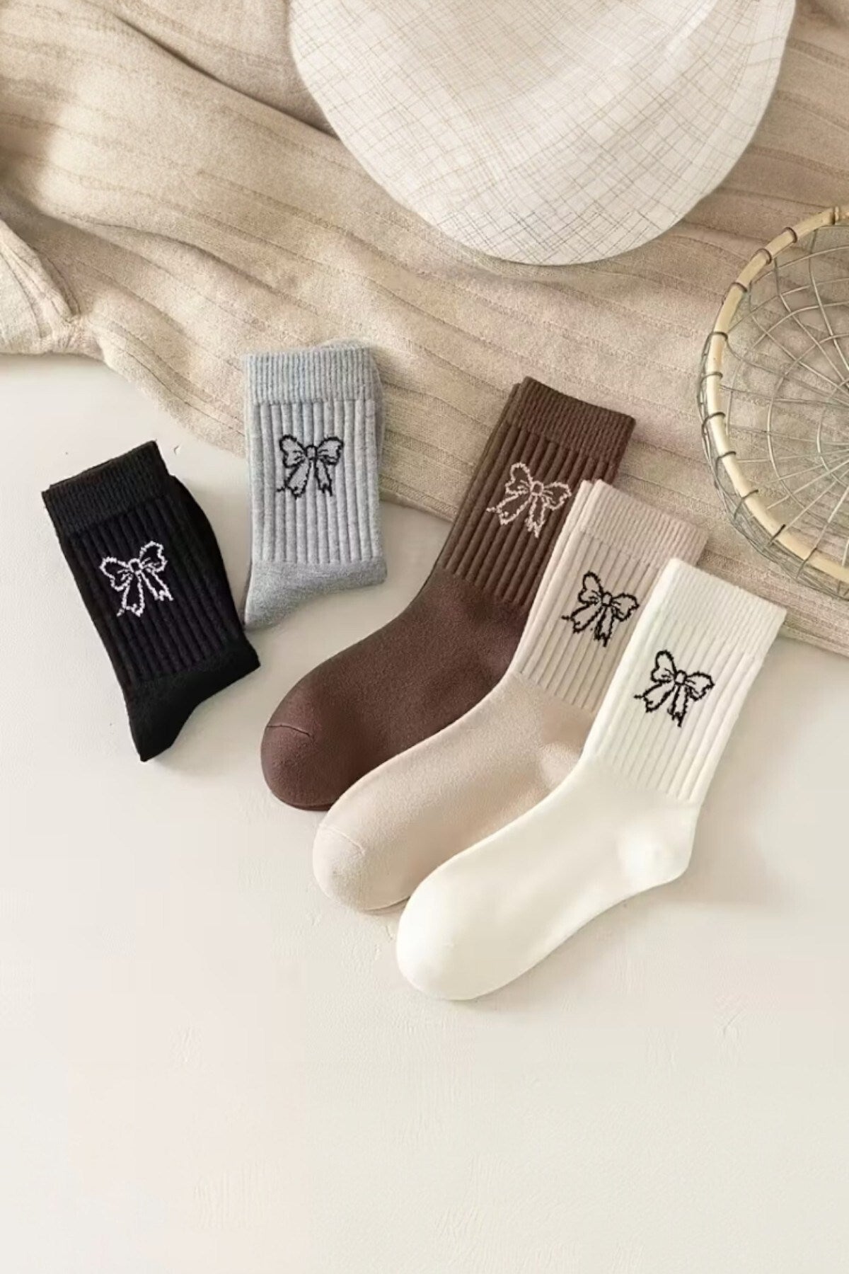 Kadın 5 Çift Premium Kalite Kurdele Desenli Günlük Kullanıma Uygun Kolej Çorap