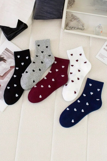 Kadın 5 Çift Premium Kalite Minimal Kalp Desenli Kısa Kolej Çorap Çok Renkli