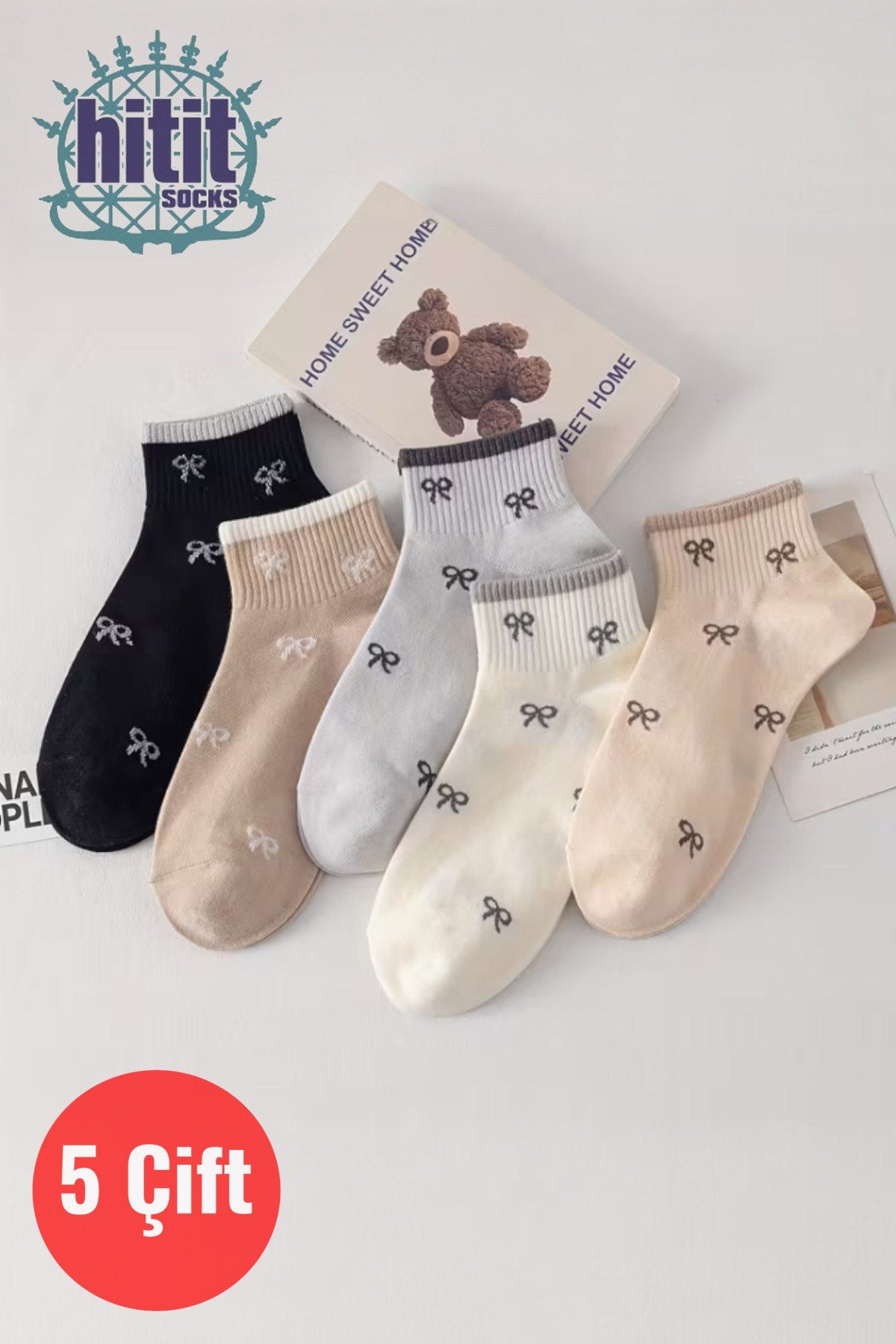 Kadın 5 Çift Premium Kalite Mini Kurdale Desenli Sevimli Kısa Kolej Ayak Bileği Çorabı